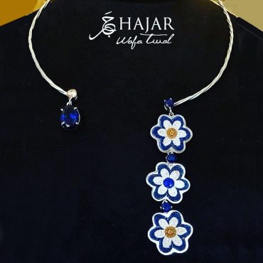 Tulip Shaped Blue Sapphire Stones Micro Mosaic Necklace, silver gold plated