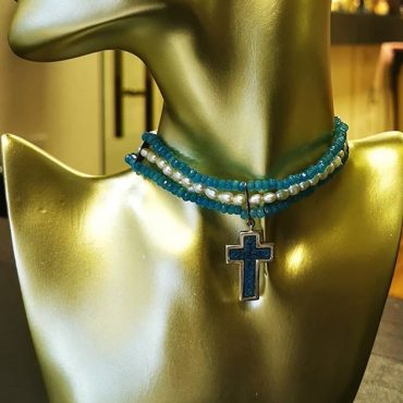 Cross Chocker, Double Sided Micro Mosaic Necklace, silver gold plated
