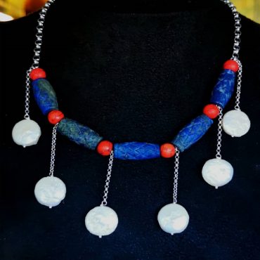 Rough Lapis Stones Necklace, flat pearl, silver gold plated