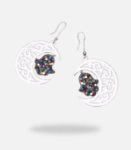 Crescent Fatima’s Hand Micro Mosaic Earrings, silver gold plated