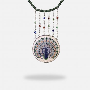 Olive Tree Micro Mosaic Jade Necklace, silver gold plated and red jade stones