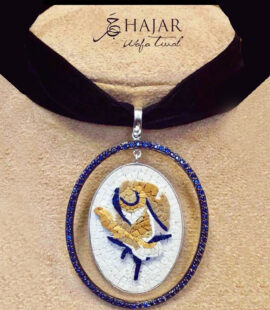 Rose 2D Oval Sapphire Micro Mosaic Pendant, silver gold plated and treated blue Sapphire stones