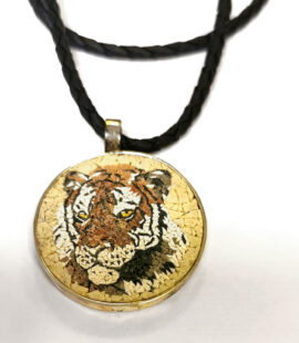 Tiger Face Handmade Micro Mosaic Pendant, silver gold plated