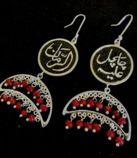 Dangling Ruby Crescent Handmade Micro Mosaic Earrings, silver gold plated and Ruby stones