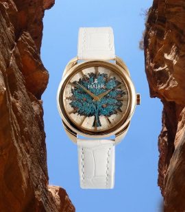 Blue Tree of Life Handmade Micro Mosaic White Gold Watch for Women, Made in Swiss