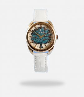 Blue Tree of Life Handmade Micro Mosaic White Gold Watch for Women, Made in Swiss