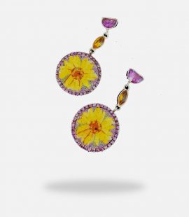 Sunflower Micro Mosaic Earrings, Silver Gold Plated, Amethyst and Citrin Stones