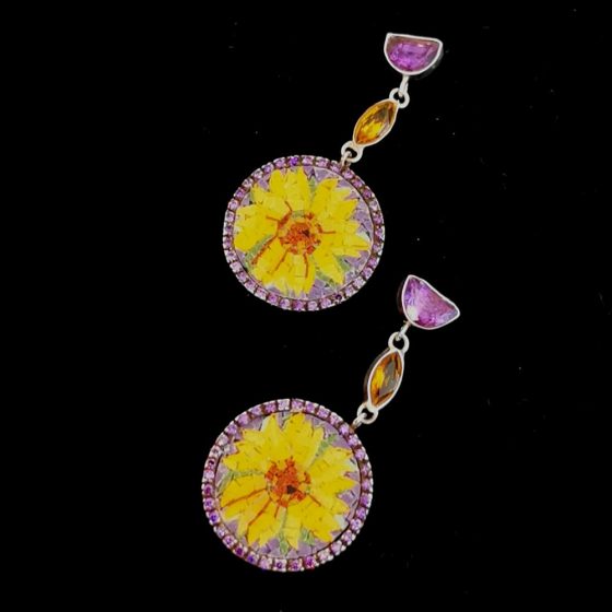 Sunflower Micro Mosaic Earrings, Silver Gold Plated, Amethyst and Citrin Stones